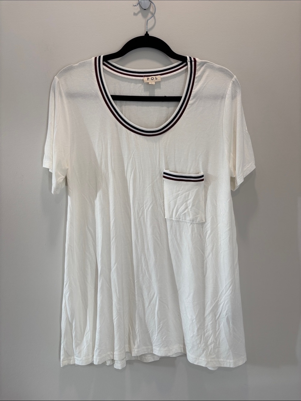 POL White Rib Trim Pocket Tee Soft Stretch Short Sleeve T-Shirt Medium